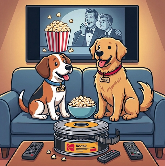 Fido and Rover watching TV together on the couch